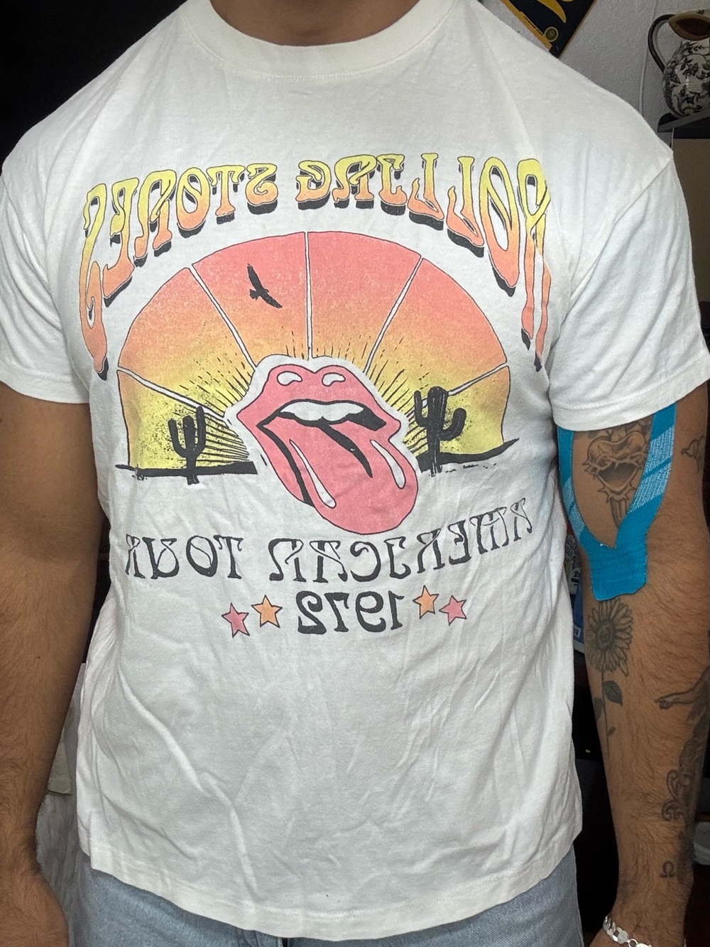 the Rolling Stones White Tee with Pink & Orange Tongue Graphic